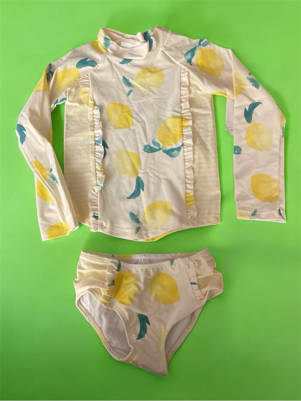 Jessica Simpson Yellow Lemon Print Long Sleeve Rashguard Two-Piece Swim Set